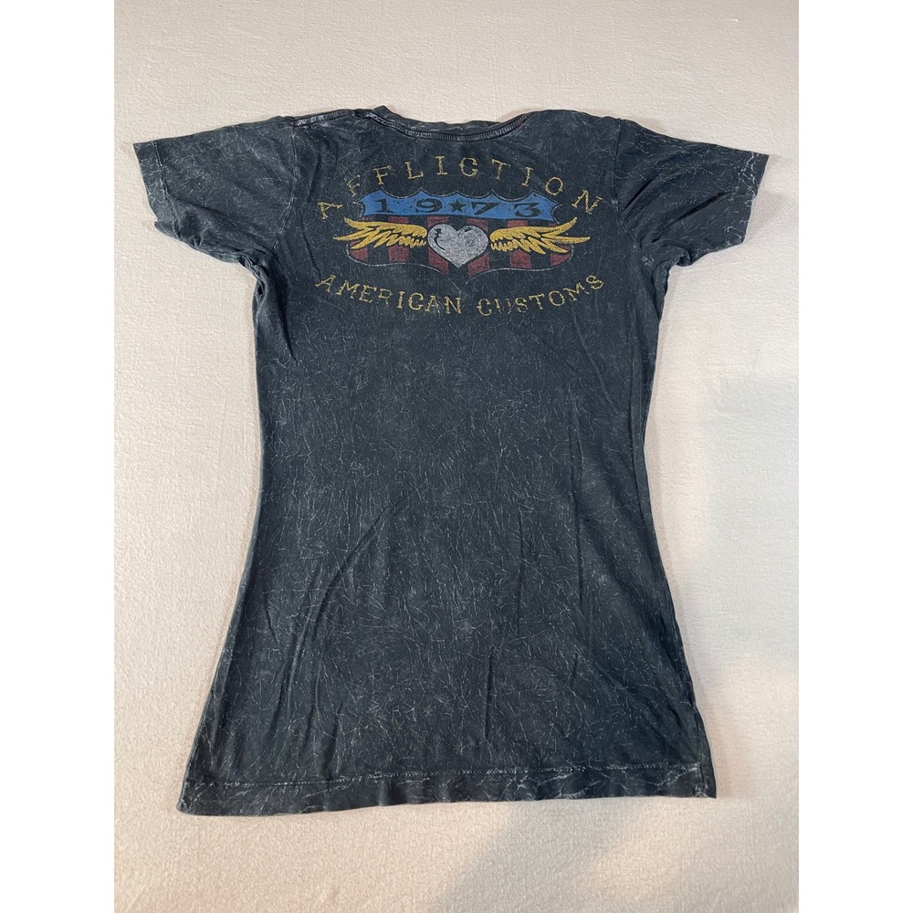 Affliction American Customs Womens Small Studded Distressed Graphic T-Shirt Grey - Picture 3 of 10